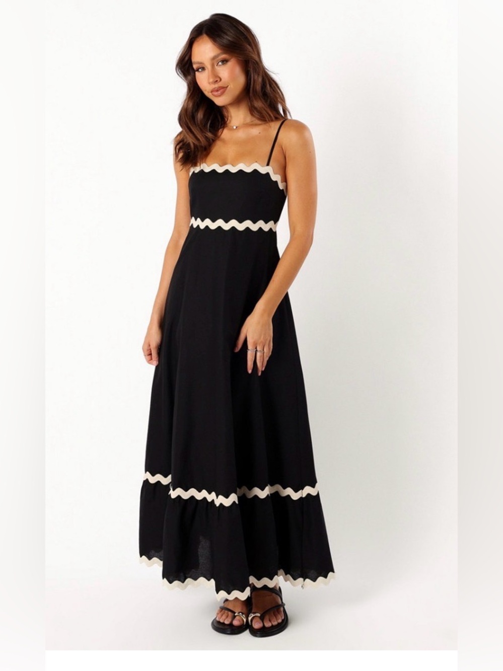 Petal & Pup size S ‘Yana’ black cotton maxi dress with ivory ric rac trim